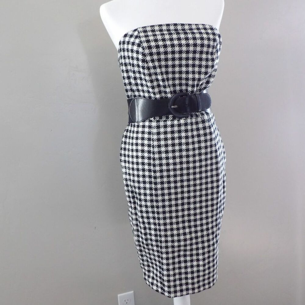 Go International‎ Dress Womens 8 Houndstooth Strapless Retro Plaid Belt Bodycon